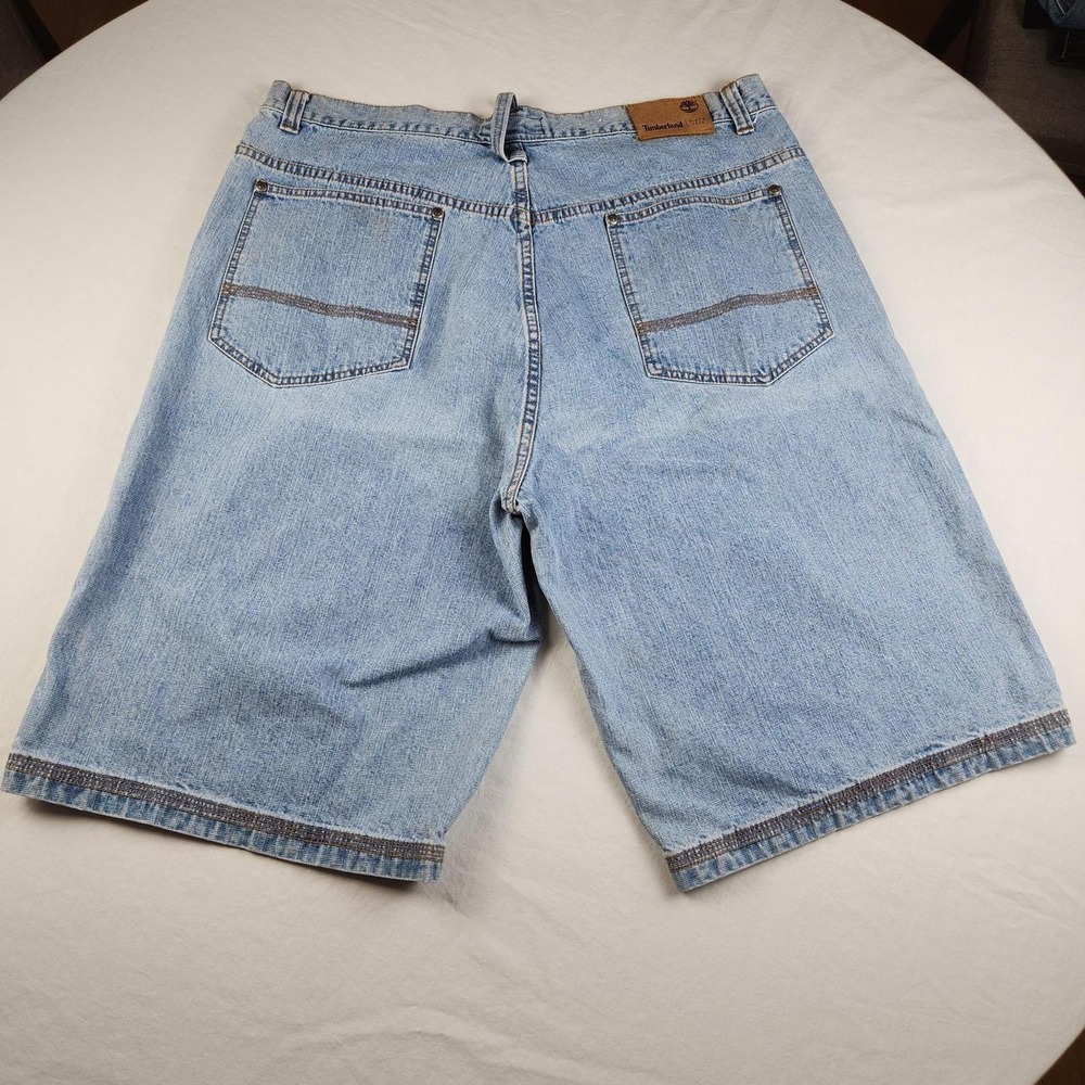 Timberland Mens Baggy Denim Jorts Faded Blue Embroidered Spellout Shorts Size 40
